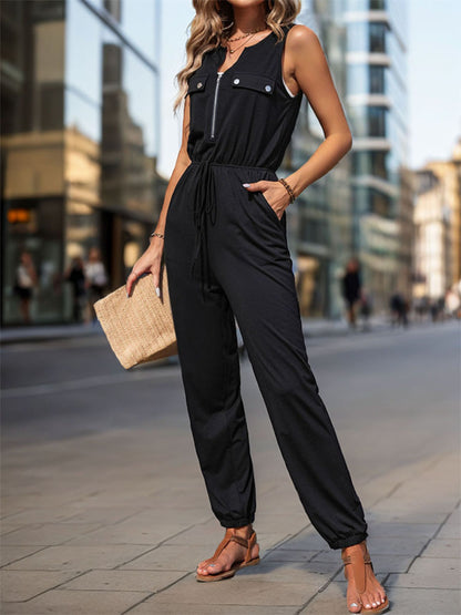 Half Zip Sleeveless Jumpsuit with Pockets Black Jumpsuits by Trendsi | Fleurcouture