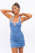 Halter Mini Dress DENIM-WHITE DITSY M by LE LIS | Fleurcouture
