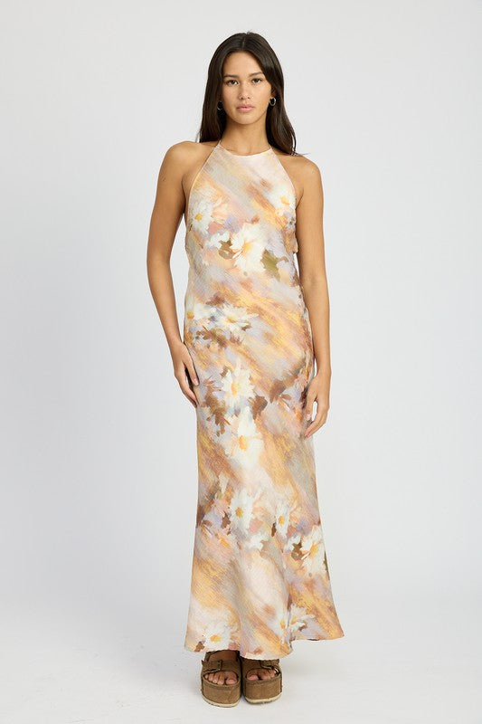 HALTER NECK FLORAL MAXI DRESS YELLOW-PURPLE S by Emory Park | Fleurcouture