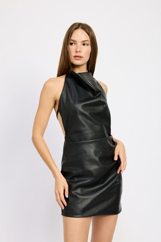 HALTER NECK LEATHER MINI DRESS BLACK by Emory Park | Fleurcouture