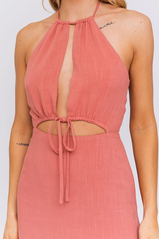 Halter Neck Open Front Detail Dress Brick by LE LIS | Fleurcouture