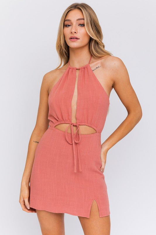 Halter Neck Open Front Detail Dress Brick by LE LIS | Fleurcouture