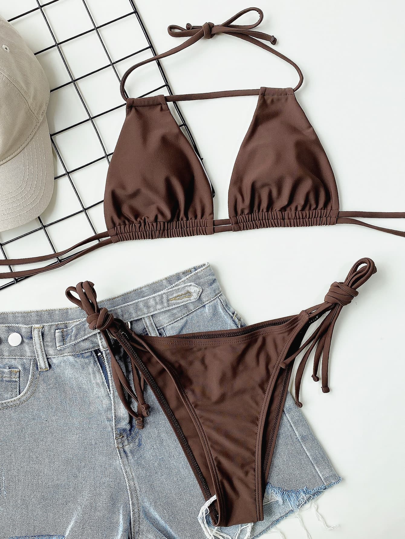 Halter Neck Ruched Bikini Set Chocolate Swimwear by Trendsi | Fleurcouture