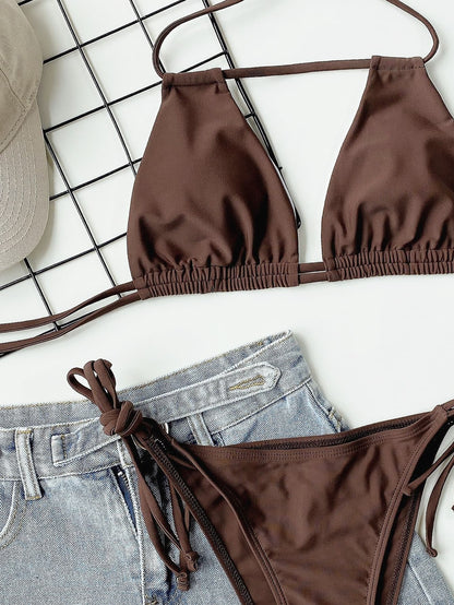 Halter Neck Ruched Bikini Set Chocolate Swimwear by Trendsi | Fleurcouture