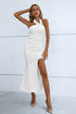 Halter Neck Split Fishtail Bodycon Dress White S Women&