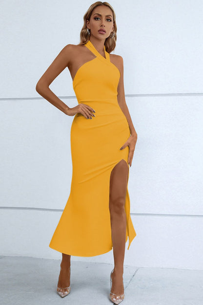 Halter Neck Split Fishtail Bodycon Dress Yellow S Women&