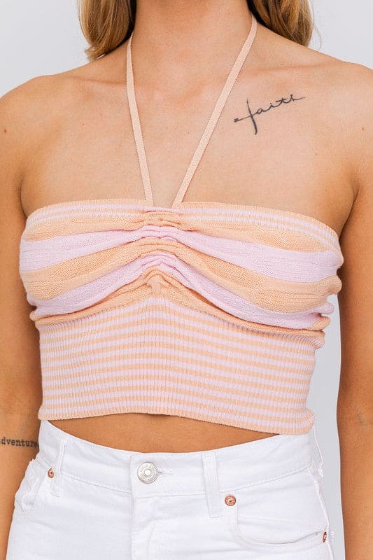 Halter Neck Sweater Crop Top ORANGE-PINK by LE LIS | Fleurcouture