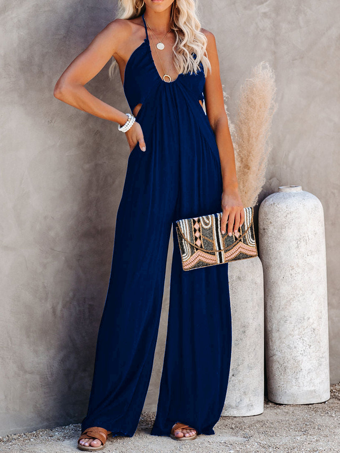 Halter Neck Wide Leg Jumpsuit Navy S Jumpsuits by Trendsi | Fleurcouture