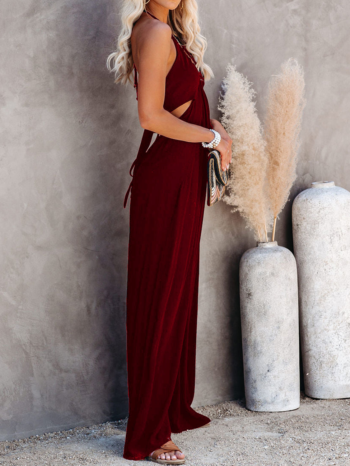 Halter Neck Wide Leg Jumpsuit Wine S Jumpsuits by Trendsi | Fleurcouture