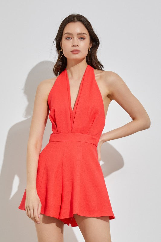 Halter Neck Wide Leg Romper CORAL RED M by Do + Be Collection | Fleurcouture