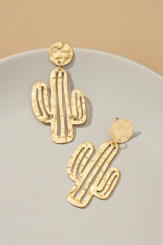 Hammered thin metal openwork cactus drop earrings Gold one size by LA3accessories | Fleurcouture