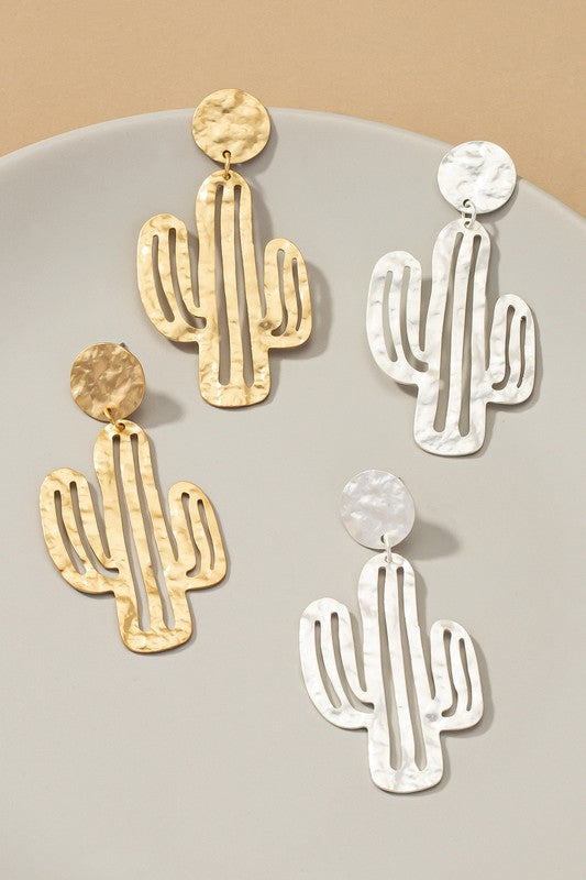 Hammered thin metal openwork cactus drop earrings one size by LA3accessories | Fleurcouture