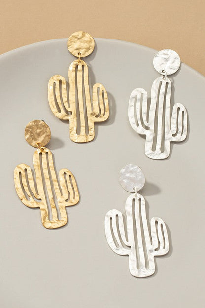 Hammered thin metal openwork cactus drop earrings one size by LA3accessories | Fleurcouture