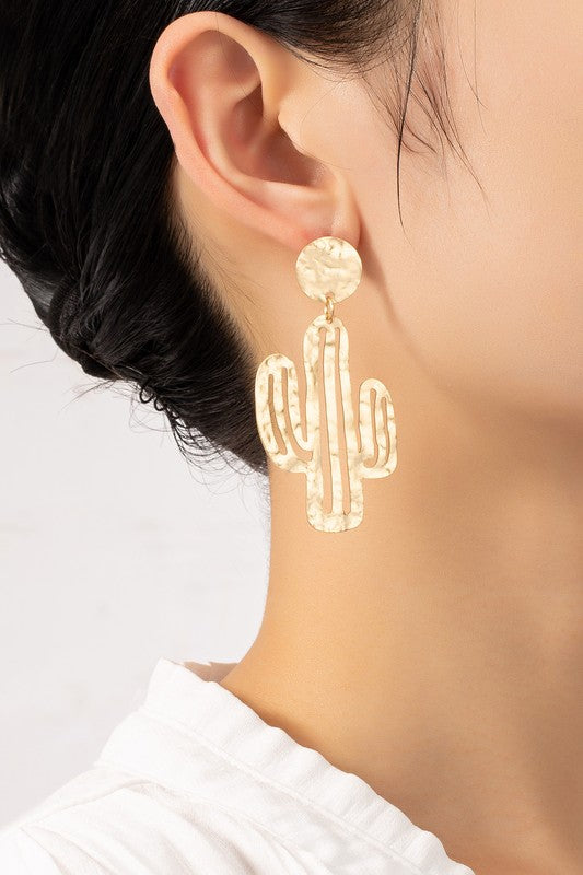 Hammered thin metal openwork cactus drop earrings one size by LA3accessories | Fleurcouture