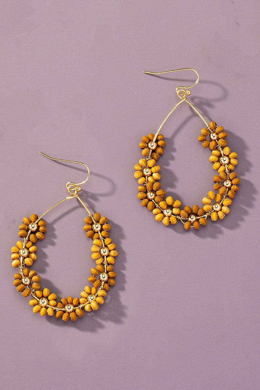 Hand done multi wood beaded flower hoop earrings kahki one size by LA3accessories | Fleurcouture