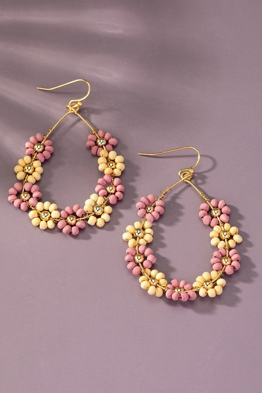 Hand done multi wood beaded flower hoop earrings one size by LA3accessories | Fleurcouture