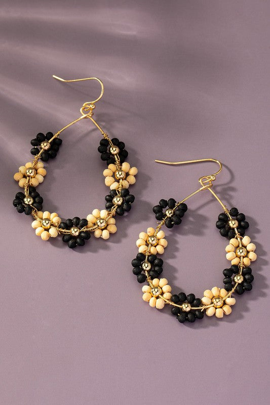 Hand done multi wood beaded flower hoop earrings one size by LA3accessories | Fleurcouture