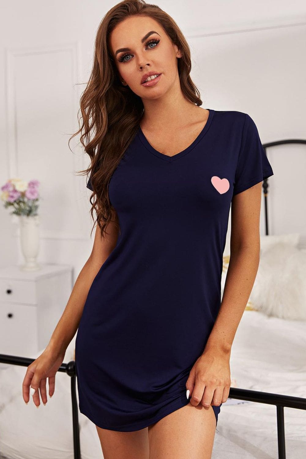 Heart Graphic Short Sleeve Night Dress Dark Navy S by Trendsi | Fleurcouture