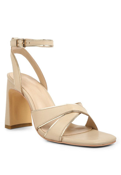 Heeri Metallic Lined Slim Block Heel Sandals Beige Gold 9 by Rag Company | Fleurcouture