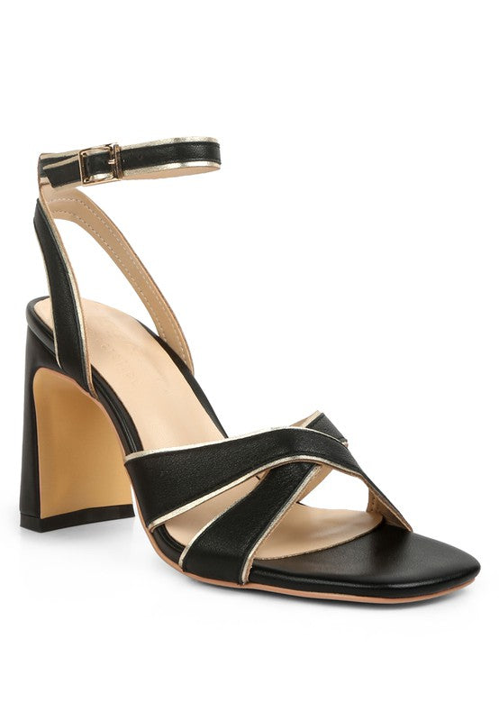 Heeri Metallic Lined Slim Block Heel Sandals Black Gold 9 by Rag Company | Fleurcouture