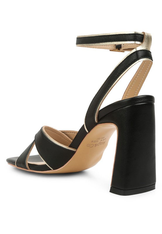 Heeri Metallic Lined Slim Block Heel Sandals by Rag Company | Fleurcouture