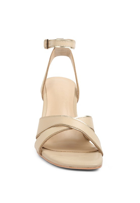 Heeri Metallic Lined Slim Block Heel Sandals by Rag Company | Fleurcouture