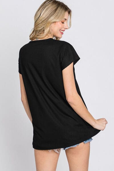 Heimish Full Size Front Button V-Neck Short Sleeve T-Shirt Black by Trendsi | Fleurcouture