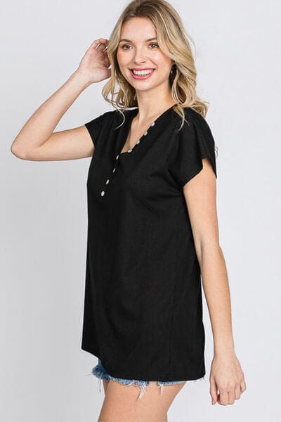 Heimish Full Size Front Button V-Neck Short Sleeve T-Shirt Black by Trendsi | Fleurcouture