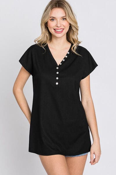 Heimish Full Size Front Button V-Neck Short Sleeve T-Shirt Black by Trendsi | Fleurcouture