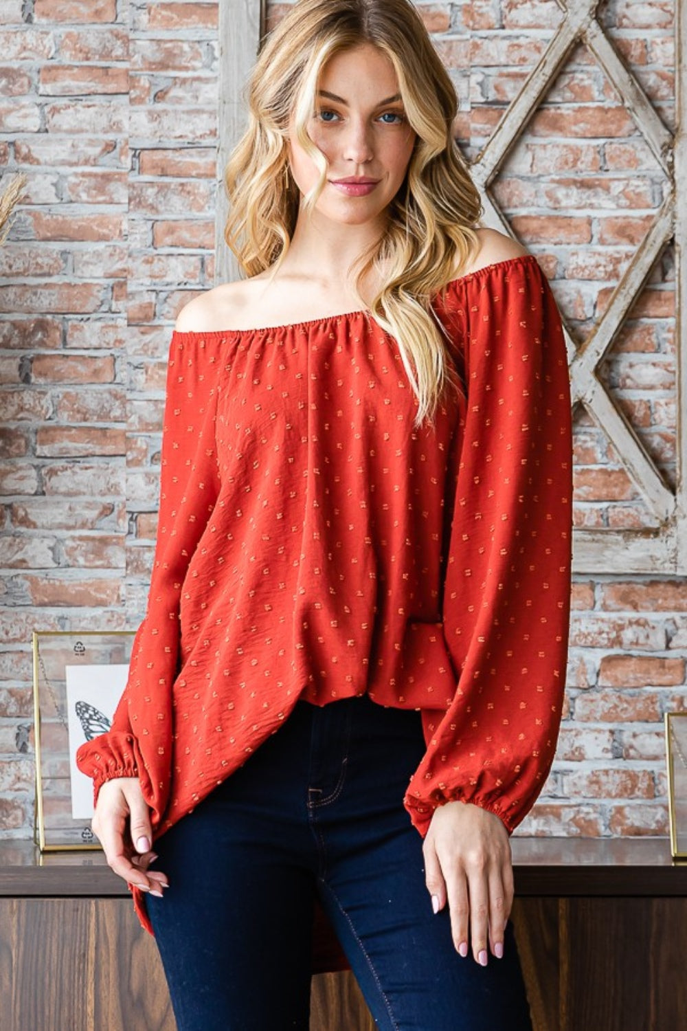 Heimish Full Size Swiss Dot Off Shoulder Top Rust Women&