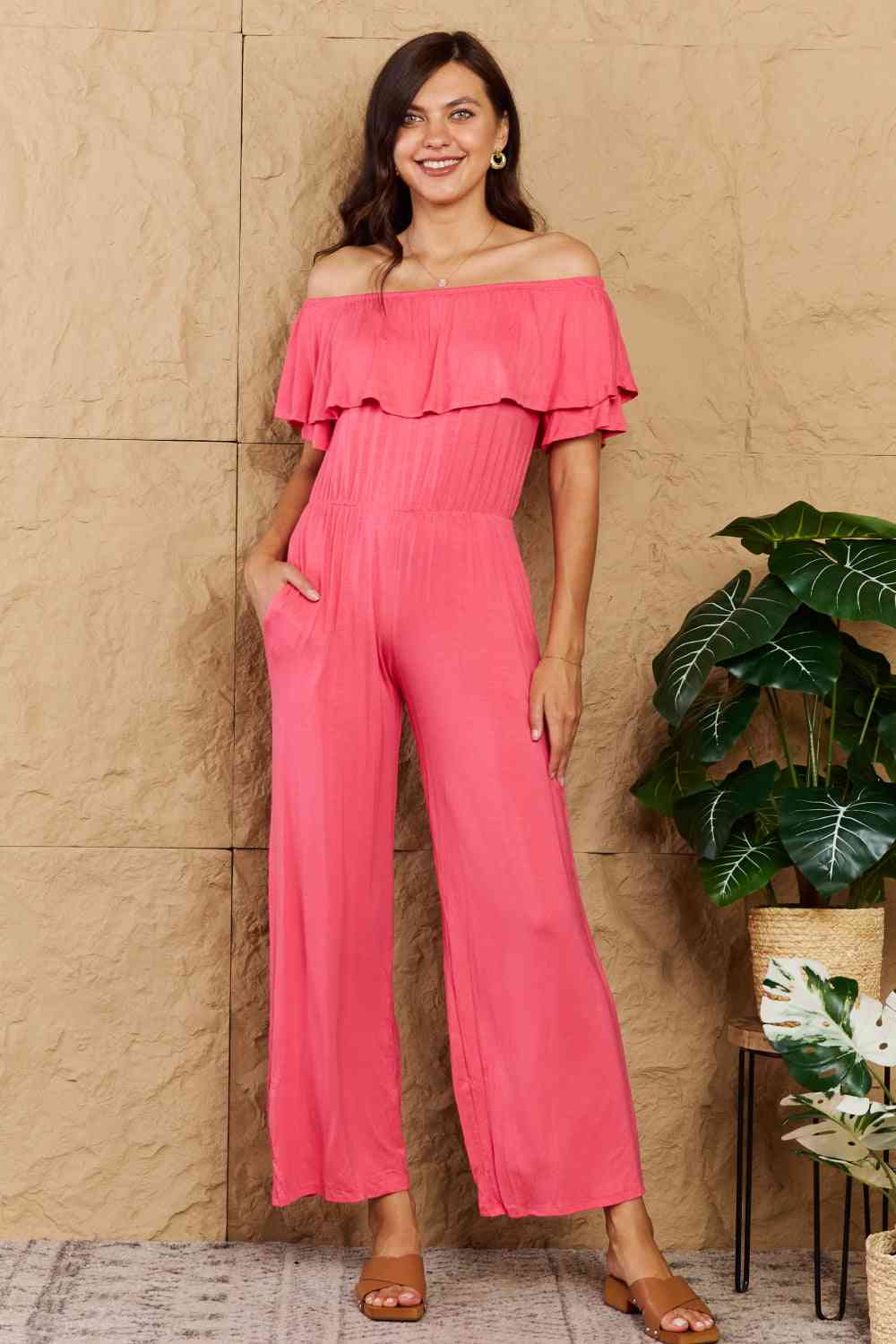 Heimish My Favorite Full Size Off-Shoulder Jumpsuit with Pockets Coral S by Trendsi | Fleurcouture