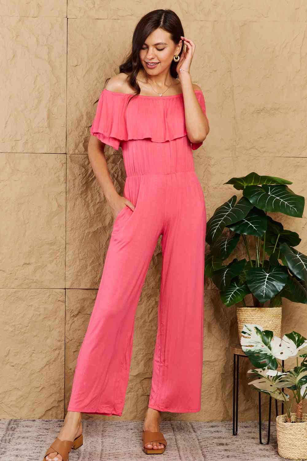 Heimish My Favorite Full Size Off-Shoulder Jumpsuit with Pockets Coral by Trendsi | Fleurcouture