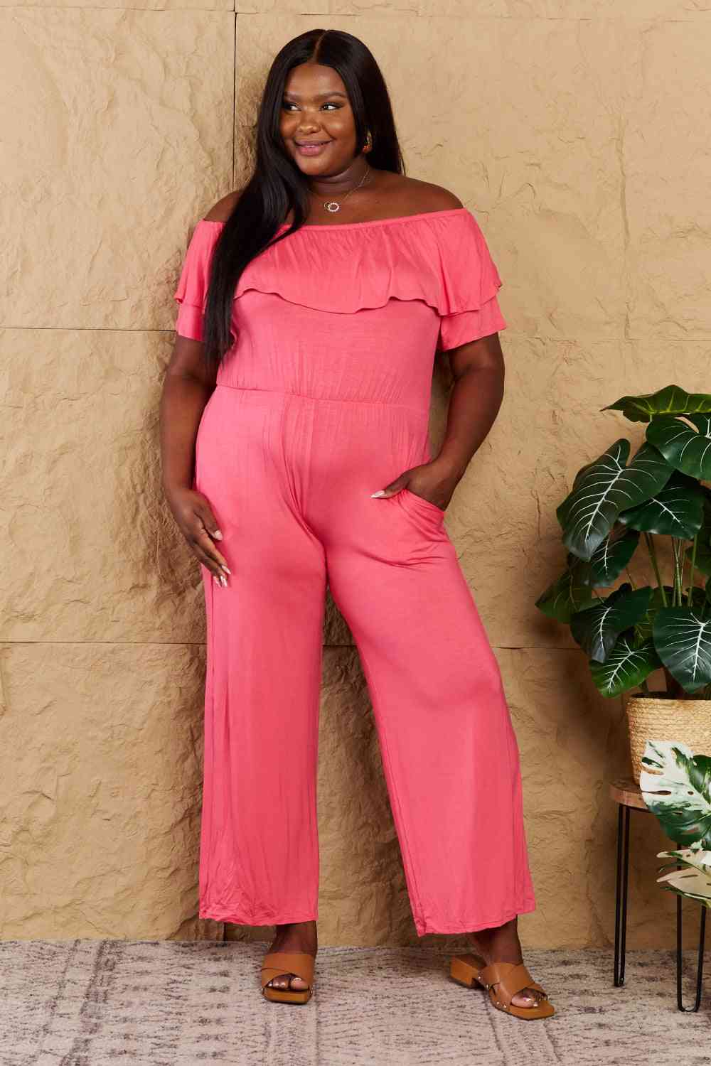 Heimish My Favorite Full Size Off-Shoulder Jumpsuit with Pockets Coral by Trendsi | Fleurcouture