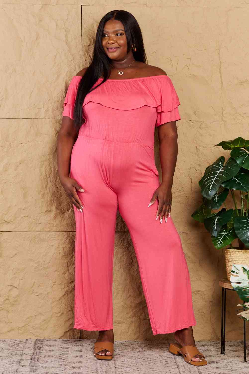 Heimish My Favorite Full Size Off-Shoulder Jumpsuit with Pockets Coral by Trendsi | Fleurcouture