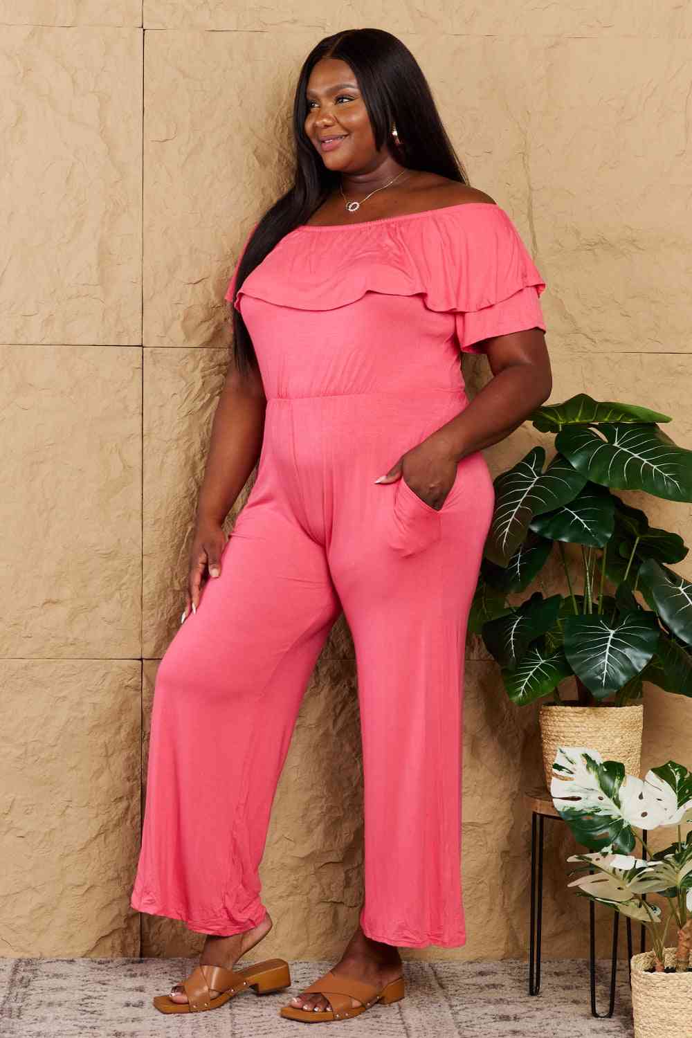 Heimish My Favorite Full Size Off-Shoulder Jumpsuit with Pockets Coral by Trendsi | Fleurcouture