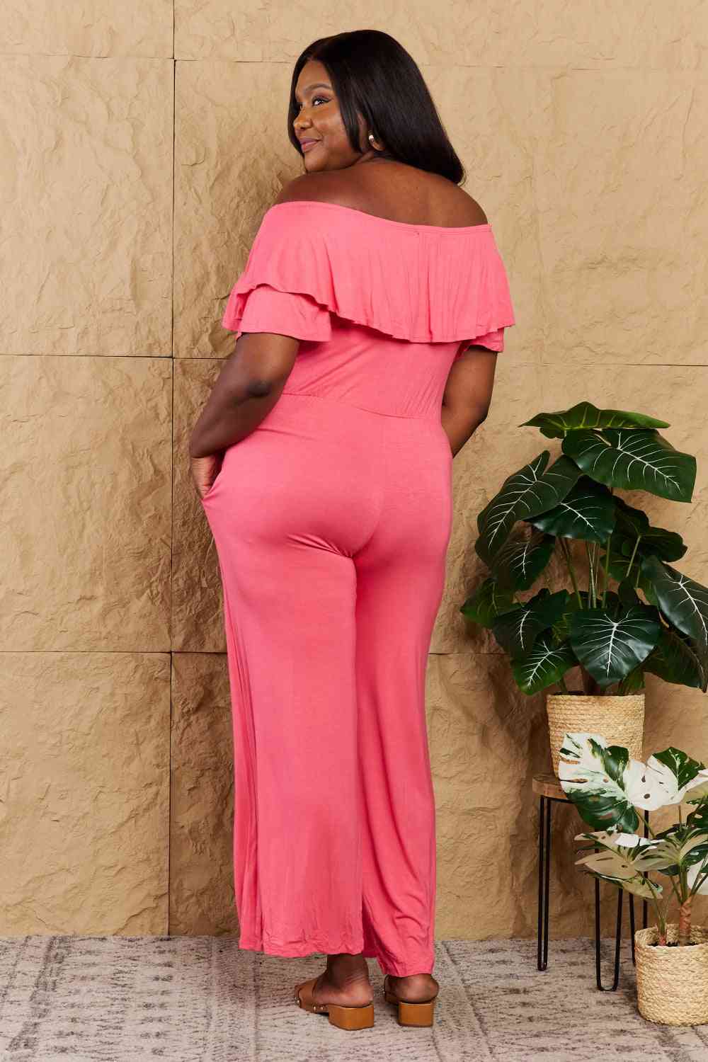 Heimish My Favorite Full Size Off-Shoulder Jumpsuit with Pockets Coral by Trendsi | Fleurcouture