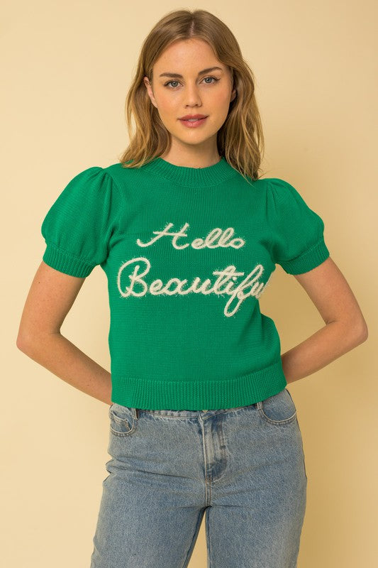 Hello Beautiful Short Sleeve Sweater Top Green S by Gilli | Fleurcouture