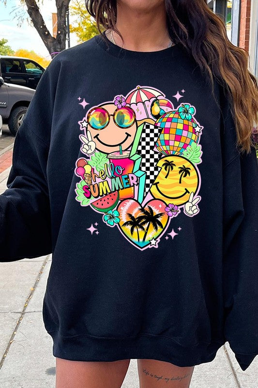 Hello Summer Collage Graphic Fleece Sweatshirts BLACK S by Color Bear | Fleurcouture