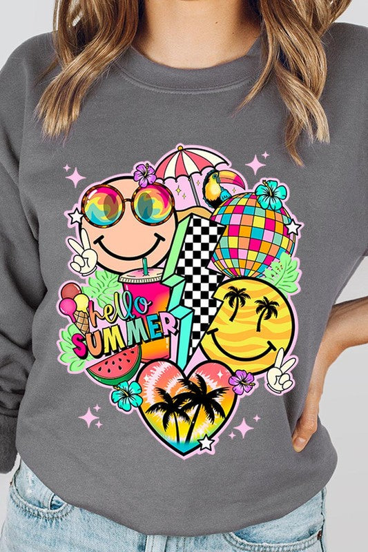 Hello Summer Collage Graphic Fleece Sweatshirts CHARCOAL S by Color Bear | Fleurcouture