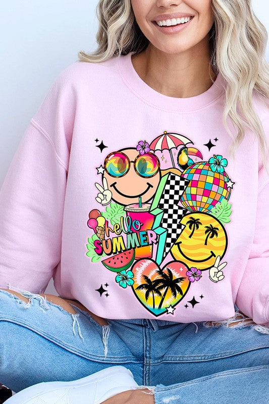 Hello Summer Collage Graphic Fleece Sweatshirts LIGHT PINK S by Color Bear | Fleurcouture