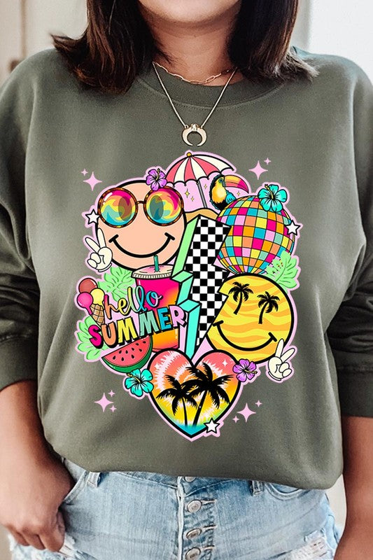 Hello Summer Collage Graphic Fleece Sweatshirts MILITARY GREEN S by Color Bear | Fleurcouture