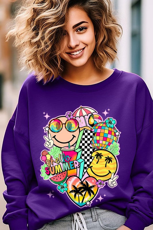 Hello Summer Collage Graphic Fleece Sweatshirts PURPLE S by Color Bear | Fleurcouture