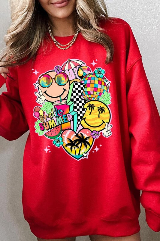 Hello Summer Collage Graphic Fleece Sweatshirts RED S by Color Bear | Fleurcouture