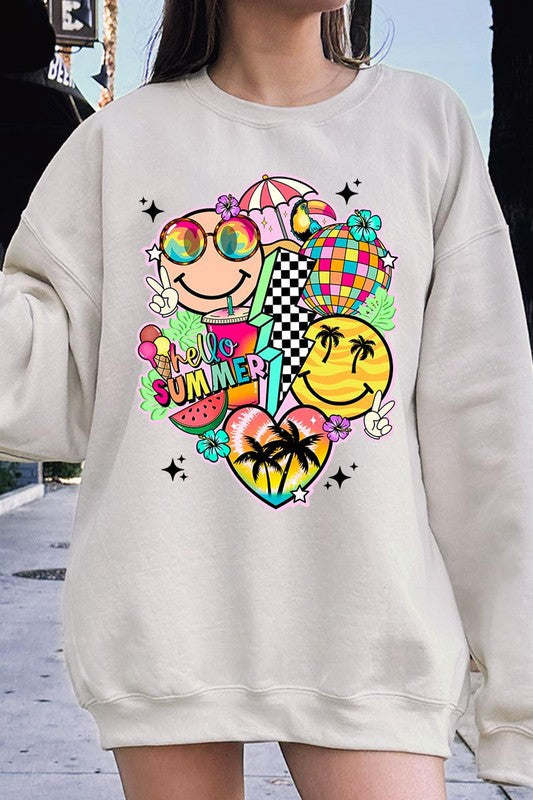 Hello Summer Collage Graphic Fleece Sweatshirts SAND S by Color Bear | Fleurcouture