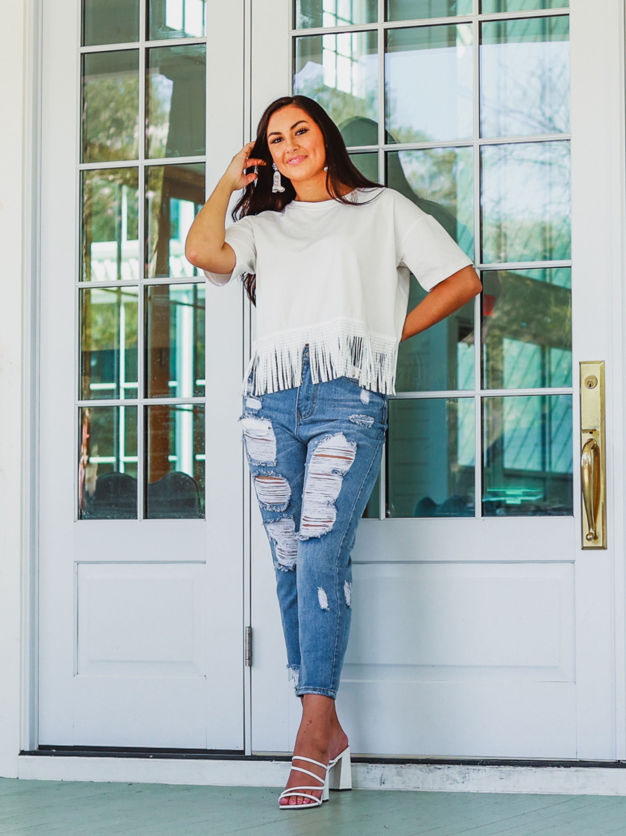 Here for the Show Studded Fringe Crop Top, White White Ladies Tops by Southern Grace | Fleurcouture
