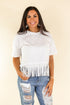 Here for the Show Studded Fringe Crop Top, White White One Size Ladies Tops by Southern Grace | Fleurcouture