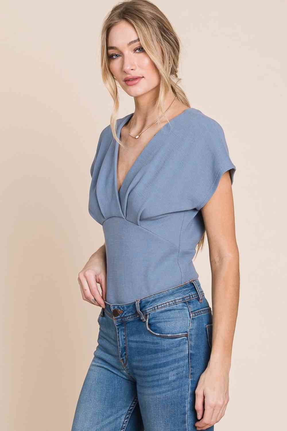 HEYSON Flatter Me Thermal V-Neck Bodysuit Misty Blue by Trendsi | Fleurcouture