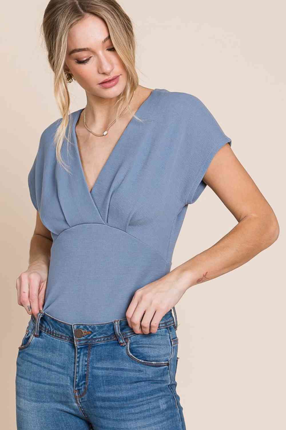 HEYSON Flatter Me Thermal V-Neck Bodysuit Misty Blue by Trendsi | Fleurcouture