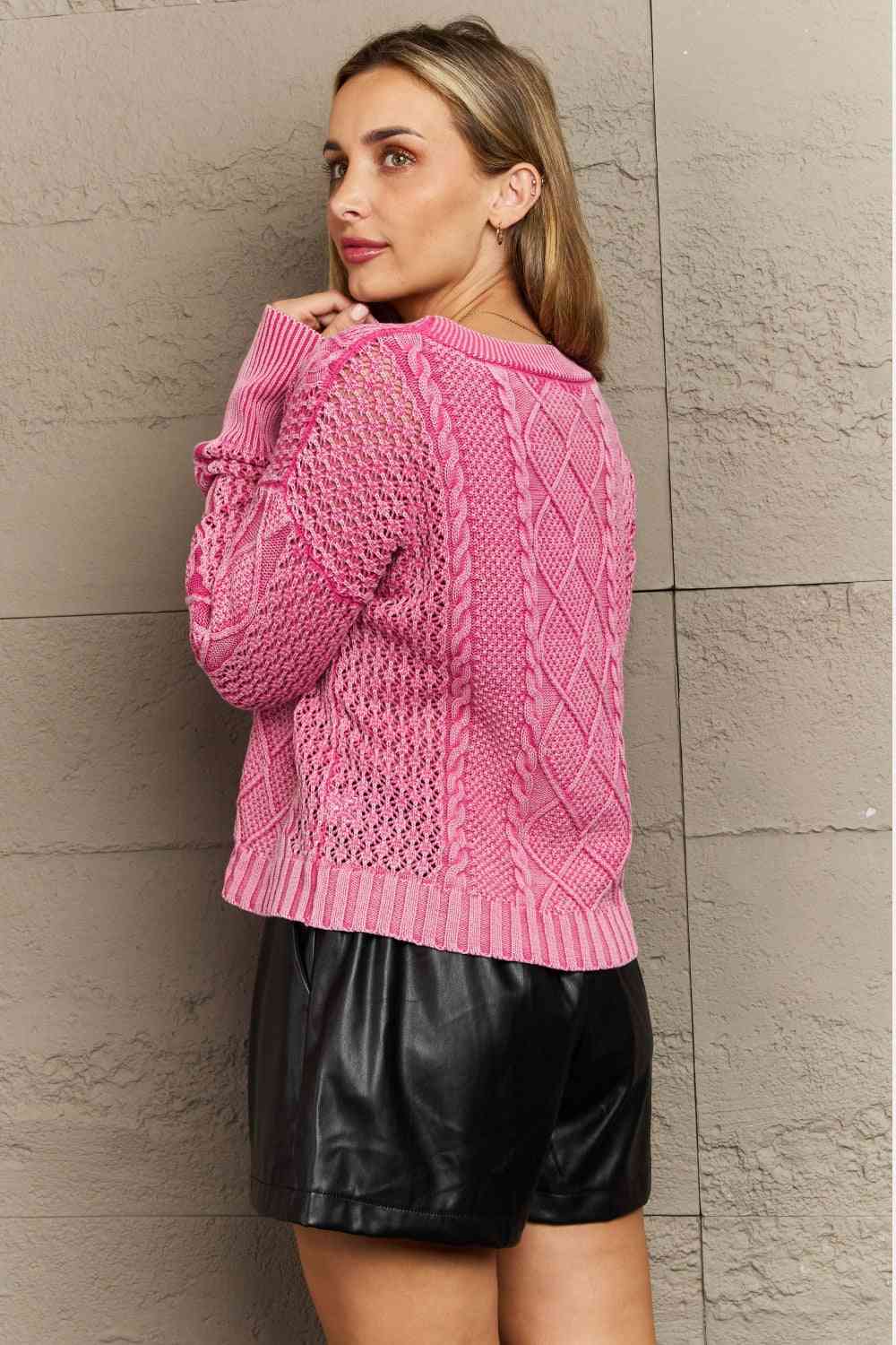 HEYSON Soft Focus Full Size Wash Cable Knit Cardigan in Fuchsia Fuchsia Cardigans by Trendsi | Fleurcouture