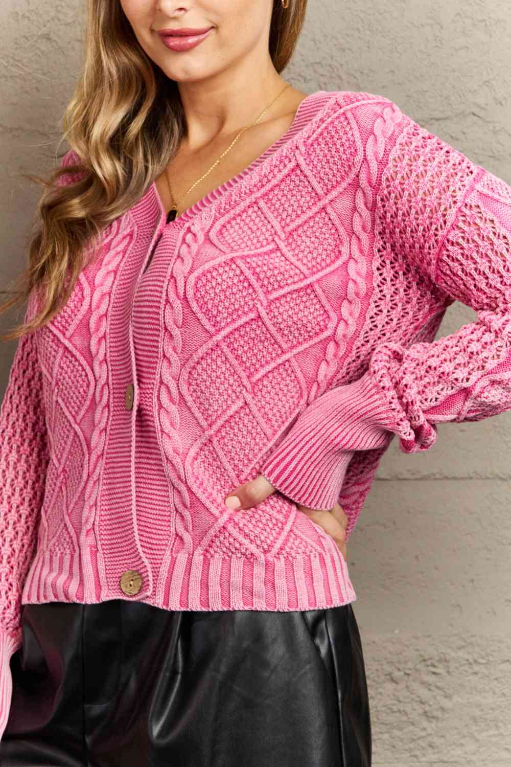 HEYSON Soft Focus Full Size Wash Cable Knit Cardigan in Fuchsia Fuchsia Cardigans by Trendsi | Fleurcouture